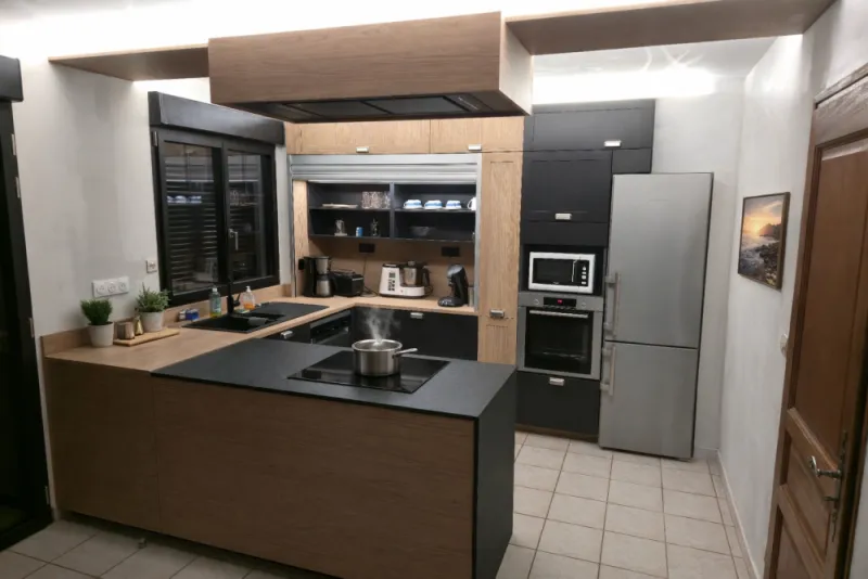 Agencement cuisine bois noir avec rideau. UNIK création, Hazebrouck