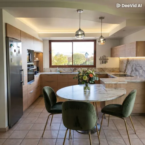 Cuisine sur mesure. Placage chêne rustique et éclairage dimmable